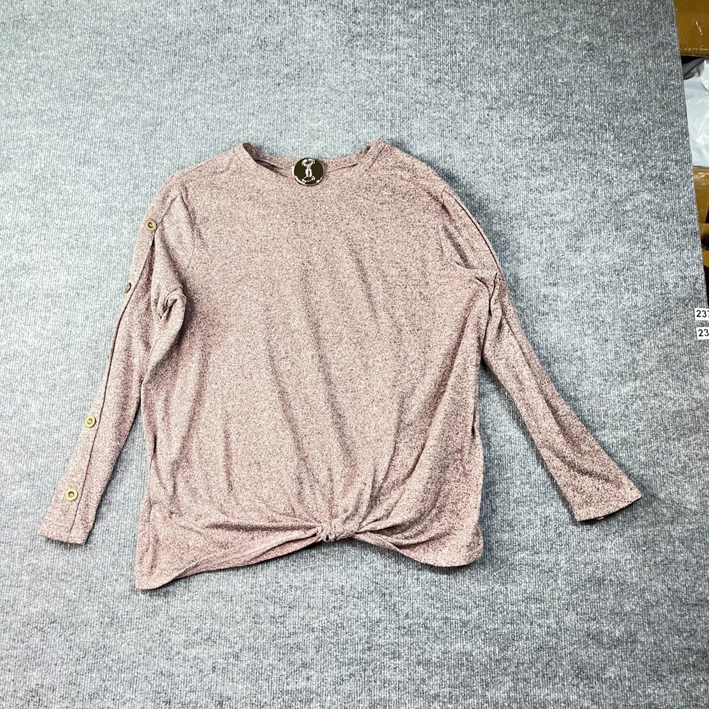 Tea Please Knot Hem Sweater Women's Dusty Rose Button Sleeve Pullover Chic - 2X